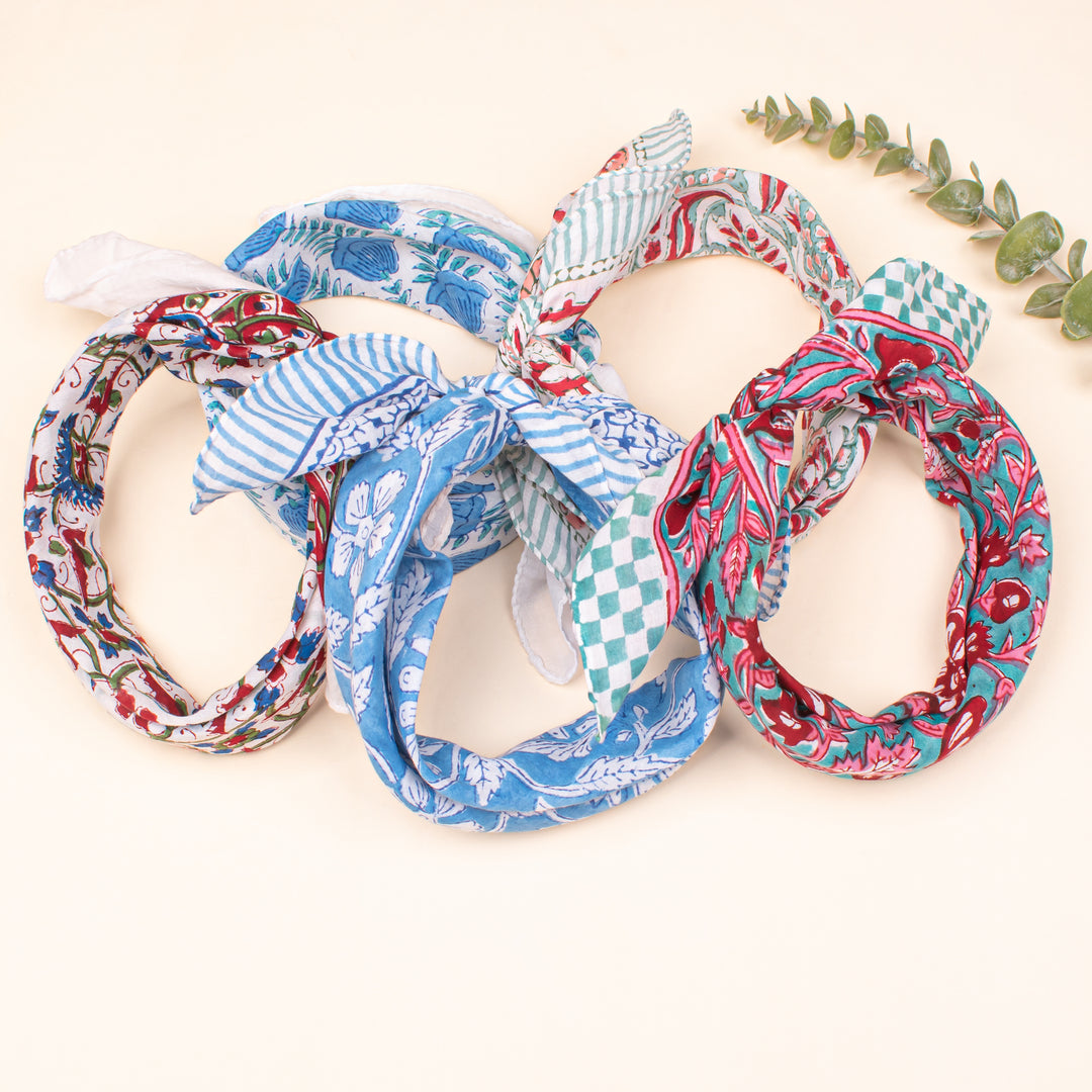 Set of 5 - Hand Block Printed Organic Scarf, Lightweight Hair Or Neck Wrap, Bandana for Men & Women, Stylish Cotton Bandanas