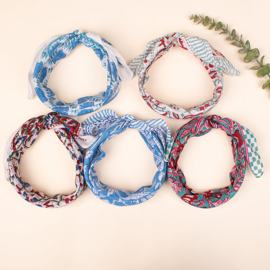 Set of 5 - Hand Block Printed Organic Scarf, Lightweight Hair Or Neck Wrap, Bandana for Men & Women, Stylish Cotton Bandanas