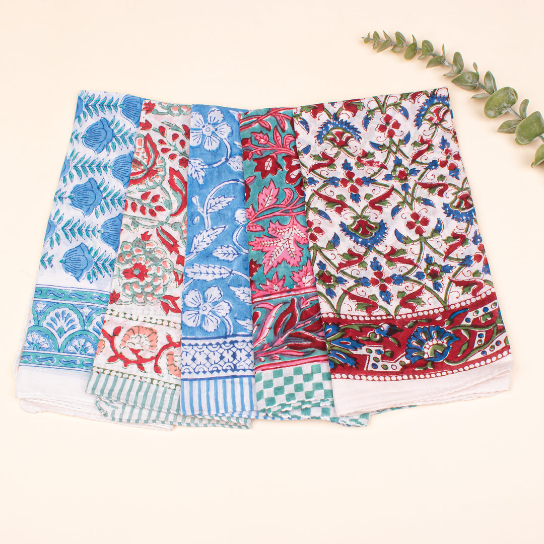 Set of 5 - Hand Block Printed Organic Scarf, Lightweight Hair Or Neck Wrap, Bandana for Men & Women, Stylish Cotton Bandanas