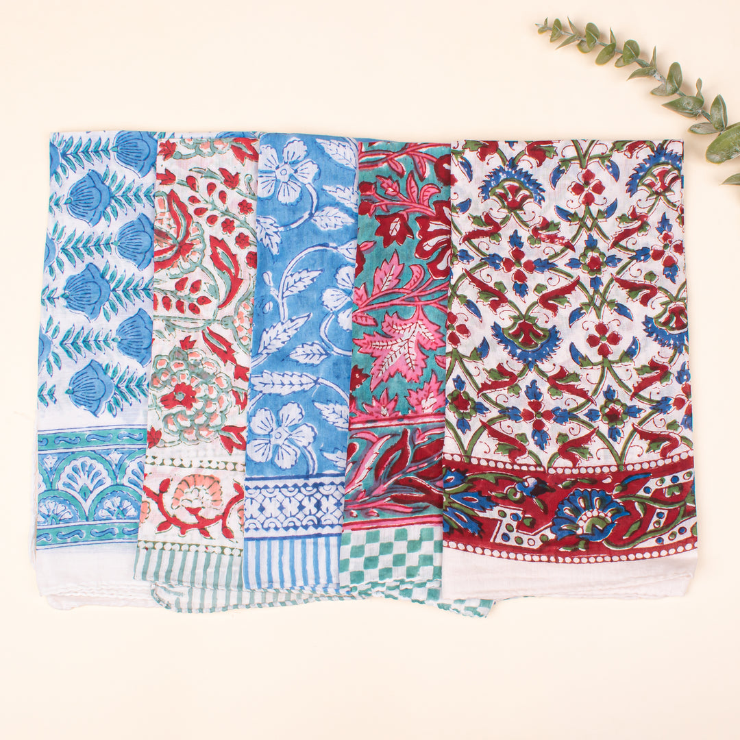 Set of 5 - Hand Block Printed Organic Scarf, Lightweight Hair Or Neck Wrap, Bandana for Men & Women, Stylish Cotton Bandanas