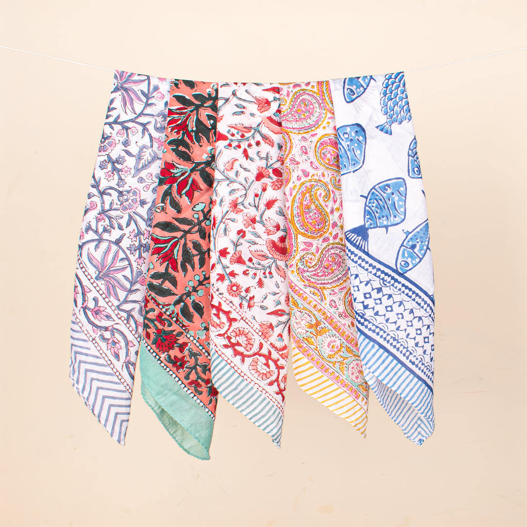 Set of 5 - Block Printed Paisley & Floral Scarf, Handmade Hair Or Neck Wrap, Boho Unisex Sustainable Fashion Gift Accessory