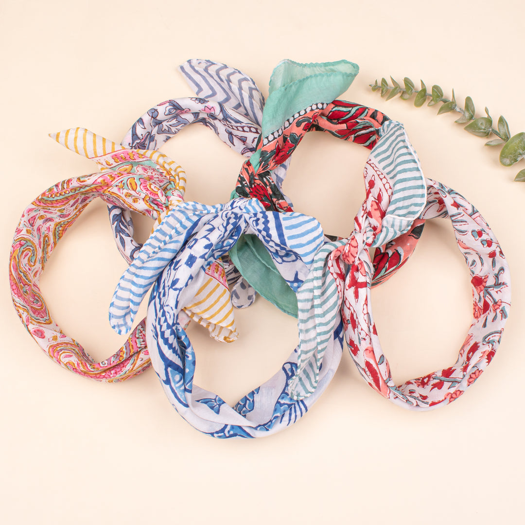 Set of 5 - Block Printed Paisley & Floral Scarf, Handmade Hair Or Neck Wrap, Boho Unisex Sustainable Fashion Gift Accessory