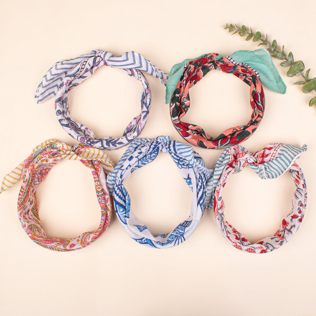 Set of 5 - Block Printed Paisley & Floral Scarf, Handmade Hair Or Neck Wrap, Boho Unisex Sustainable Fashion Gift Accessory