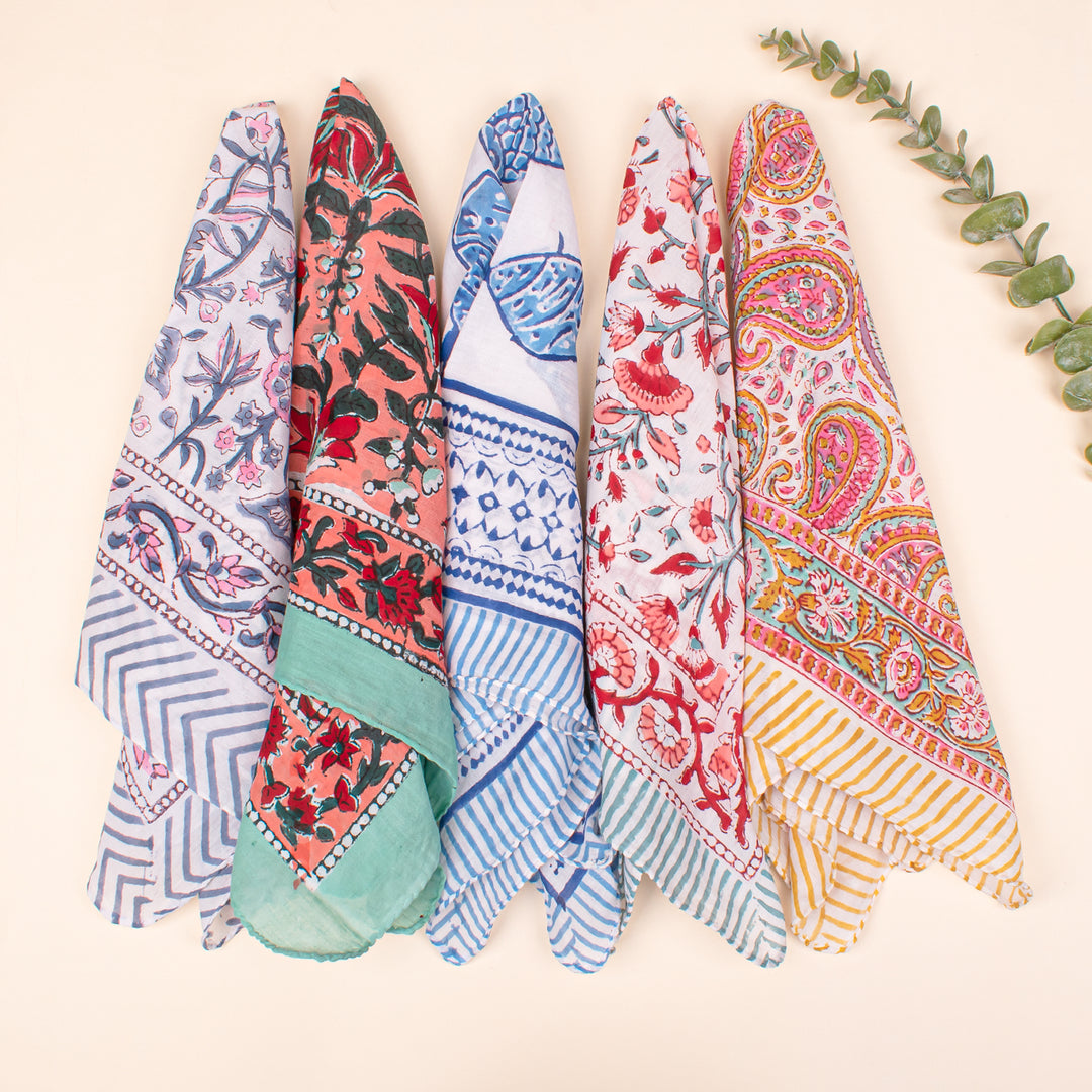 Set of 5 - Block Printed Paisley & Floral Scarf, Handmade Hair Or Neck Wrap, Boho Unisex Sustainable Fashion Gift Accessory