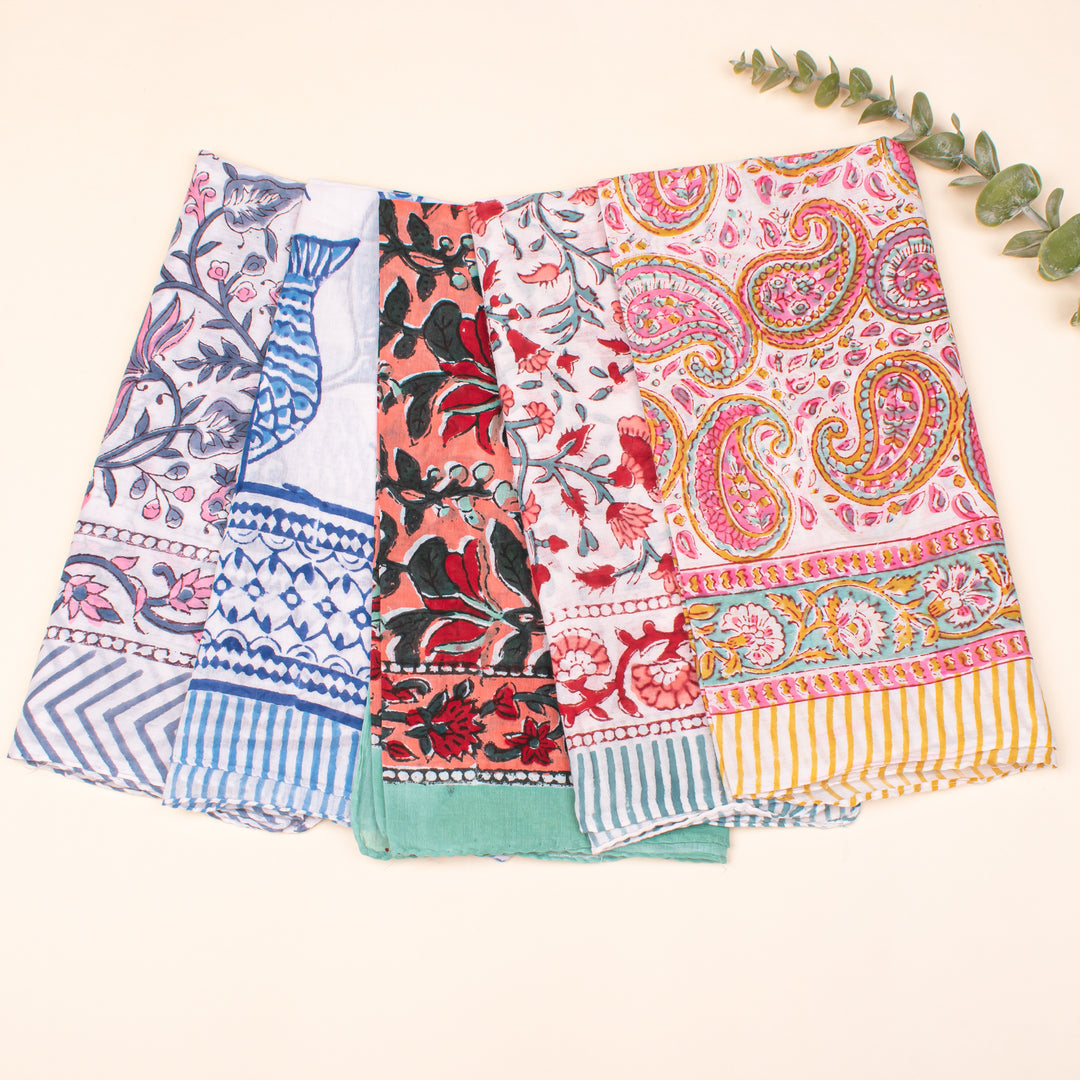 Set of 5 - Block Printed Paisley & Floral Scarf, Handmade Hair Or Neck Wrap, Boho Unisex Sustainable Fashion Gift Accessory