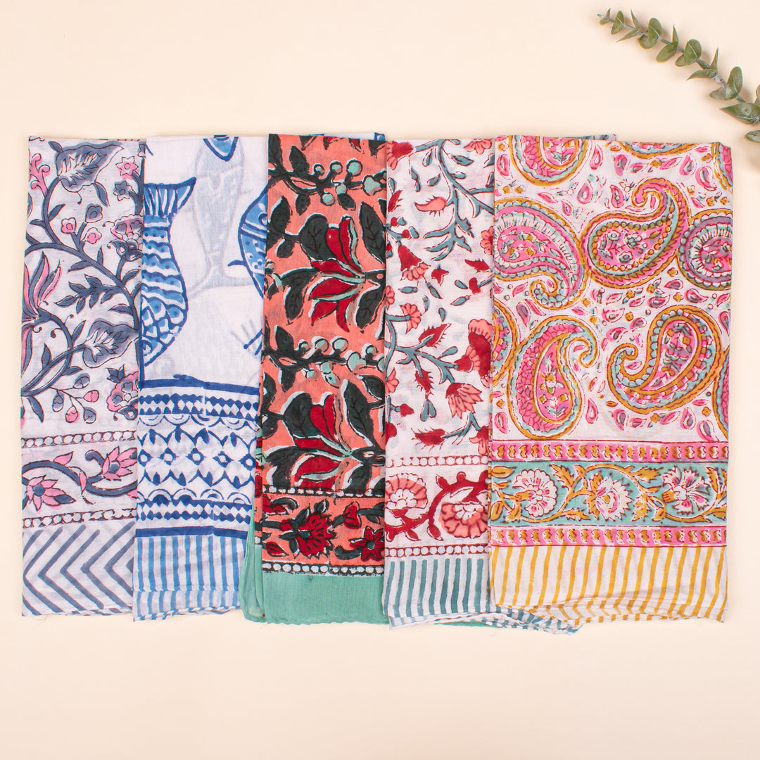 Set of 5 - Block Printed Paisley & Floral Scarf, Handmade Hair Or Neck Wrap, Boho Unisex Sustainable Fashion Gift Accessory