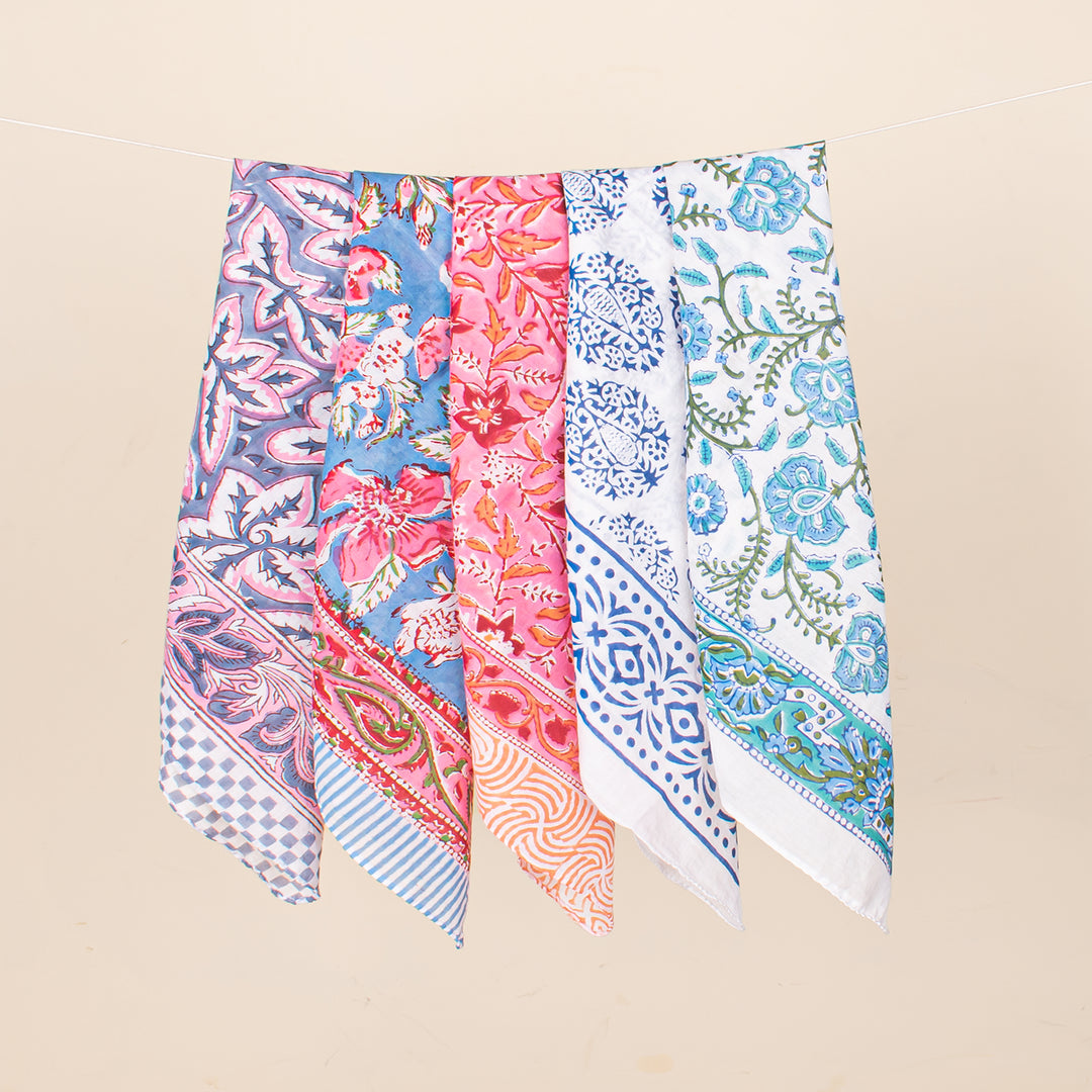 Set of 5 - Soft Cotton Bandana, Lightweight hair or neck Scarf, Block Printed Bandana, Eco-Friendly Bandana, Handmade Gift Idea For Him Or Her