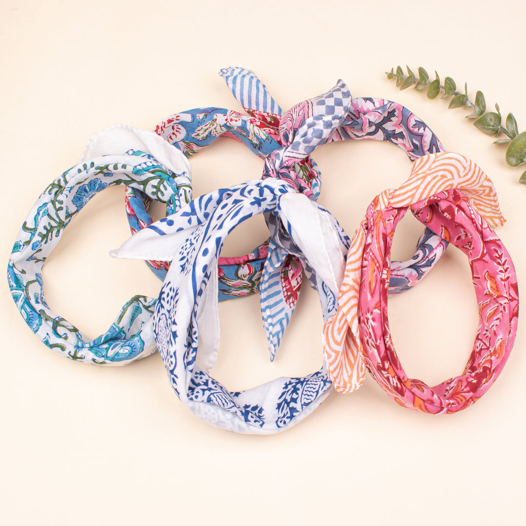 Set of 5 - Soft Cotton Bandana, Lightweight hair or neck Scarf, Block Printed Bandana, Eco-Friendly Bandana, Handmade Gift Idea For Him Or Her