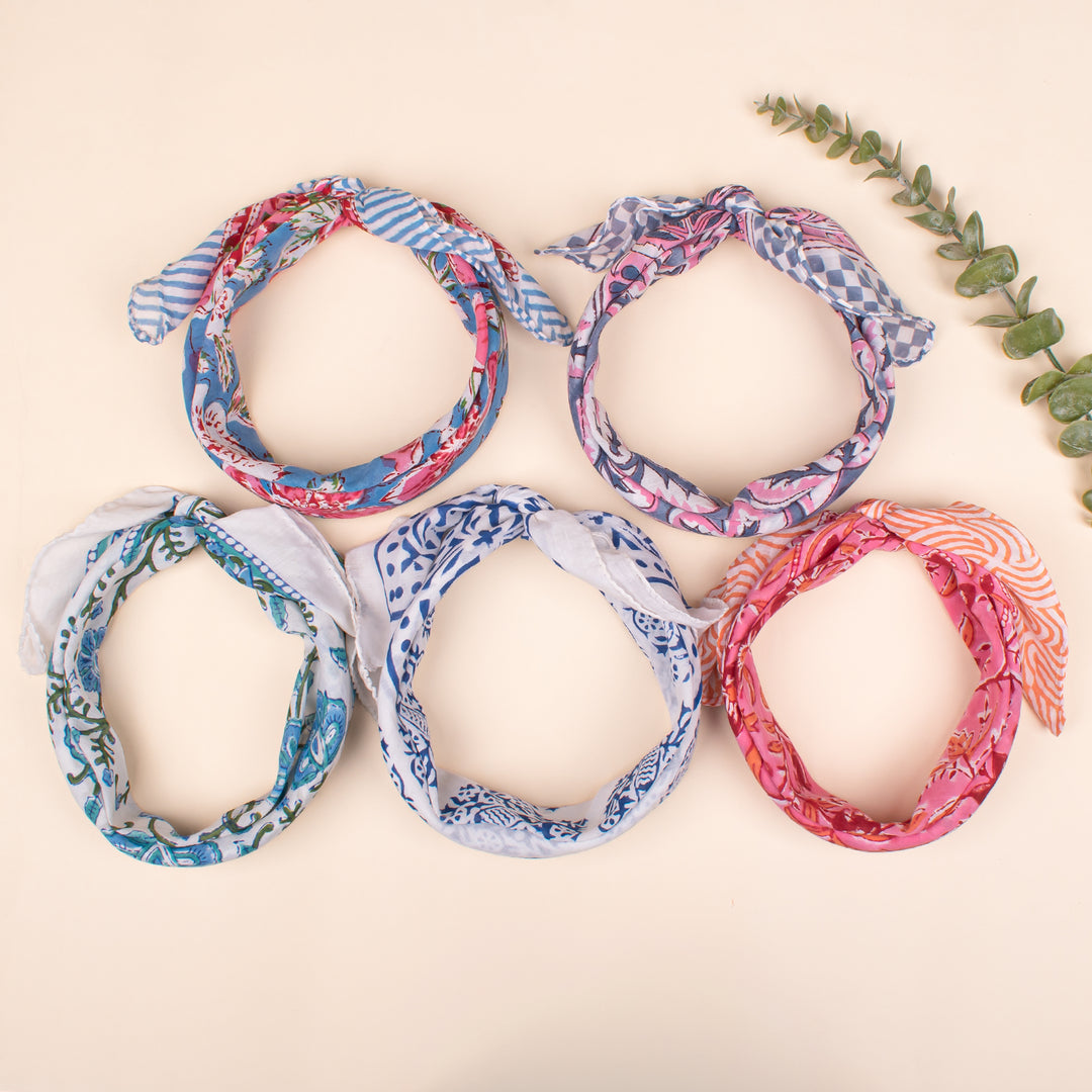 Set of 5 - Soft Cotton Bandana, Lightweight hair or neck Scarf, Block Printed Bandana, Eco-Friendly Bandana, Handmade Gift Idea For Him Or Her