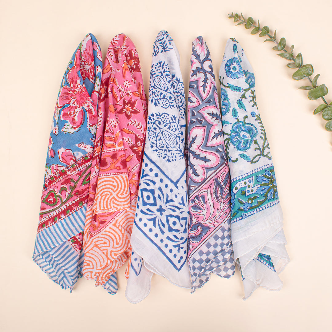 Set of 5 - Soft Cotton Bandana, Lightweight hair or neck Scarf, Block Printed Bandana, Eco-Friendly Bandana, Handmade Gift Idea For Him Or Her