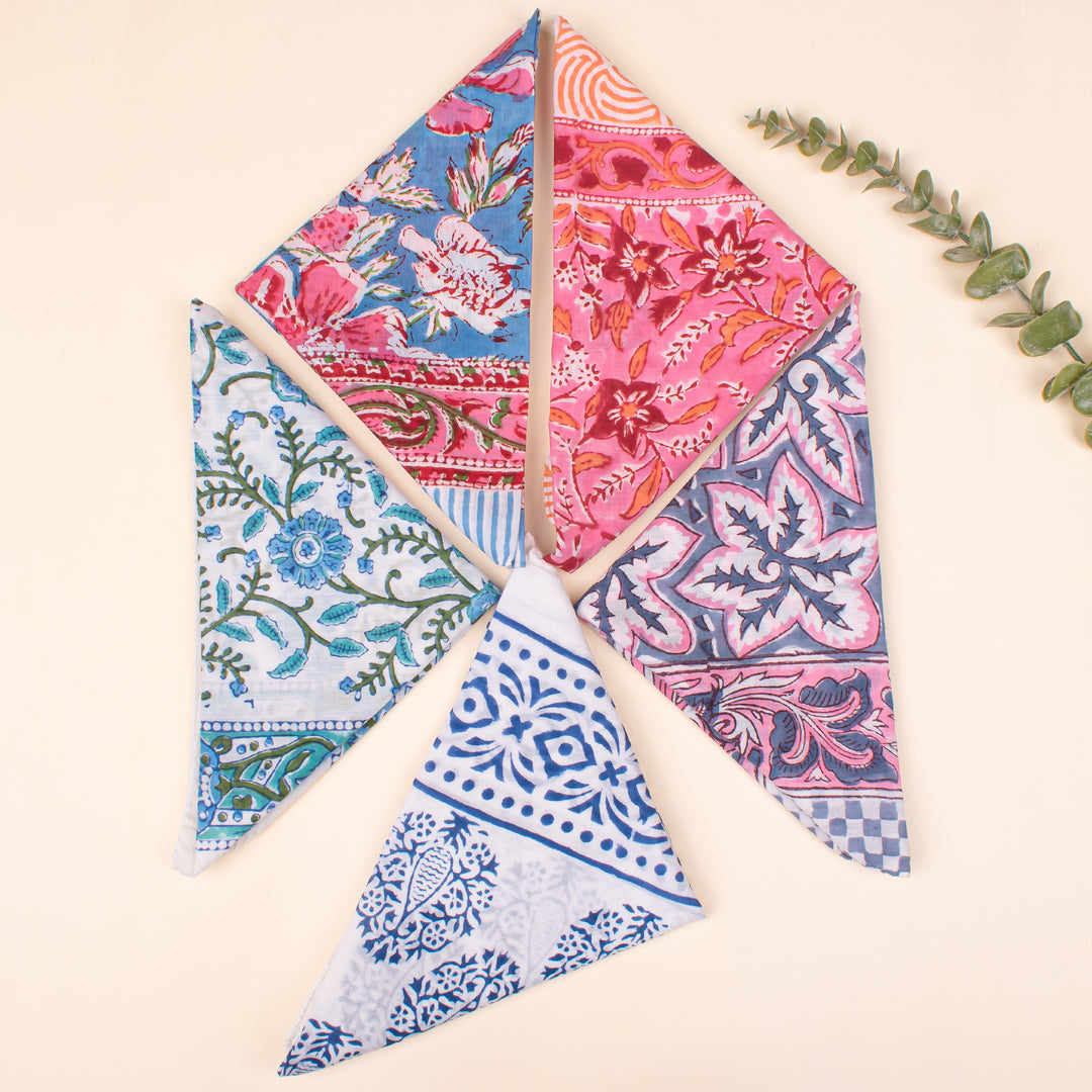 Set of 5 - Soft Cotton Bandana, Lightweight hair or neck Scarf, Block Printed Bandana, Eco-Friendly Bandana, Handmade Gift Idea For Him Or Her