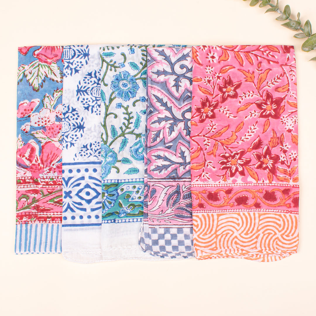 Set of 5 - Soft Cotton Bandana, Lightweight hair or neck Scarf, Block Printed Bandana, Eco-Friendly Bandana, Handmade Gift Idea For Him Or Her