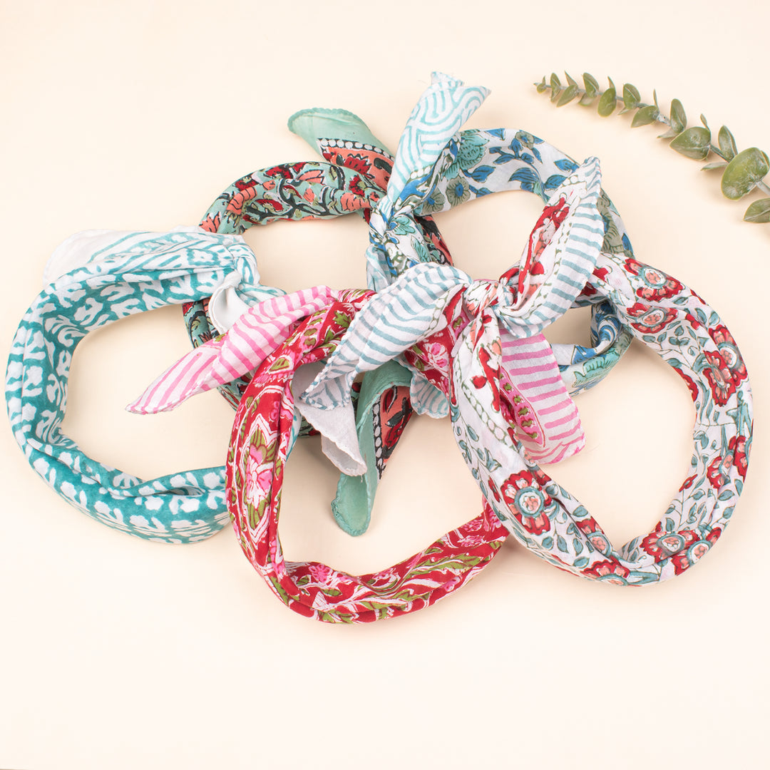 Set of 5 - Organic Cotton Bandana, Block Printed Neck & Hair Wrap, Lightweight Paisley Scarf, Unisex Eco-Friendly Gift