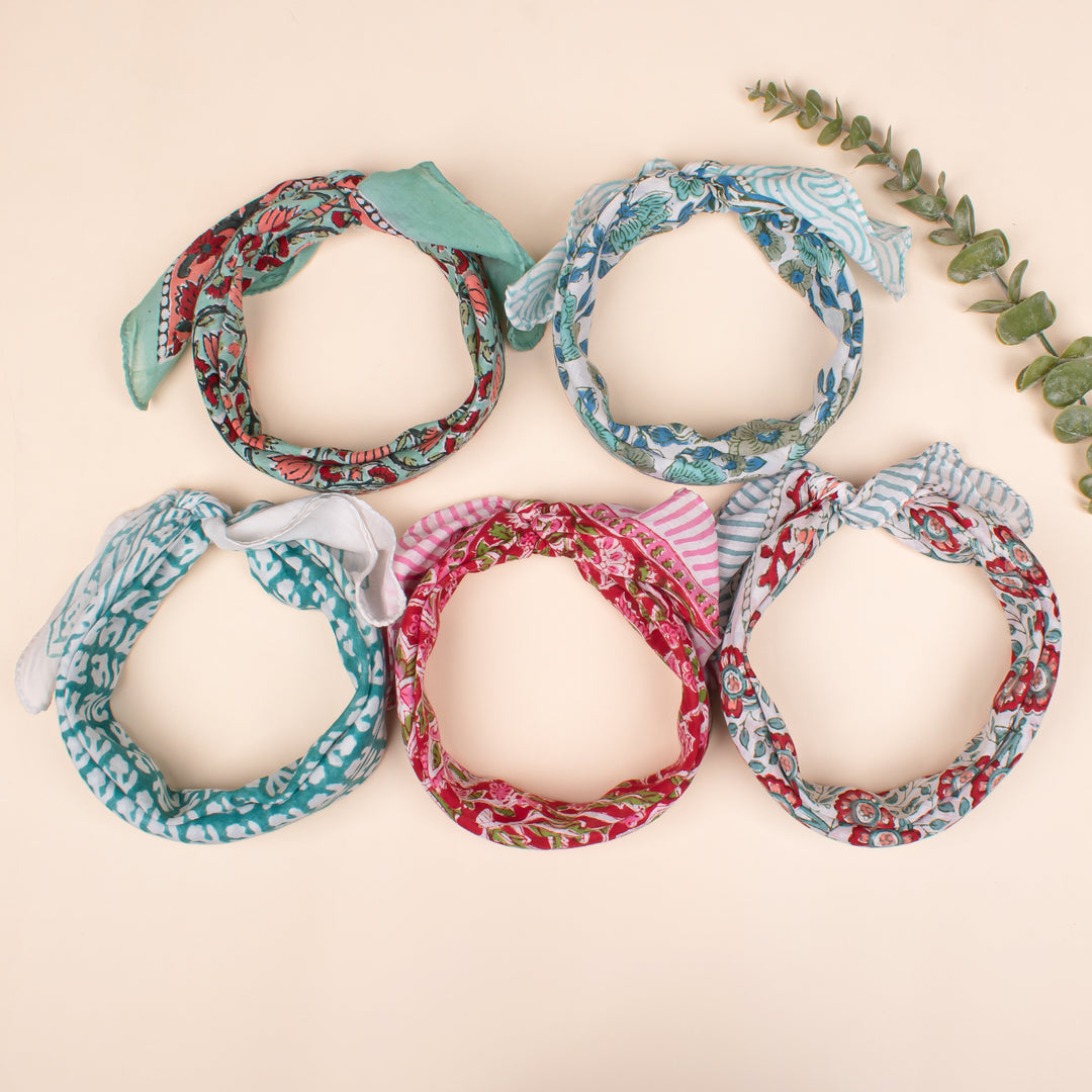 Set of 5 - Organic Cotton Bandana, Block Printed Neck & Hair Wrap, Lightweight Paisley Scarf, Unisex Eco-Friendly Gift