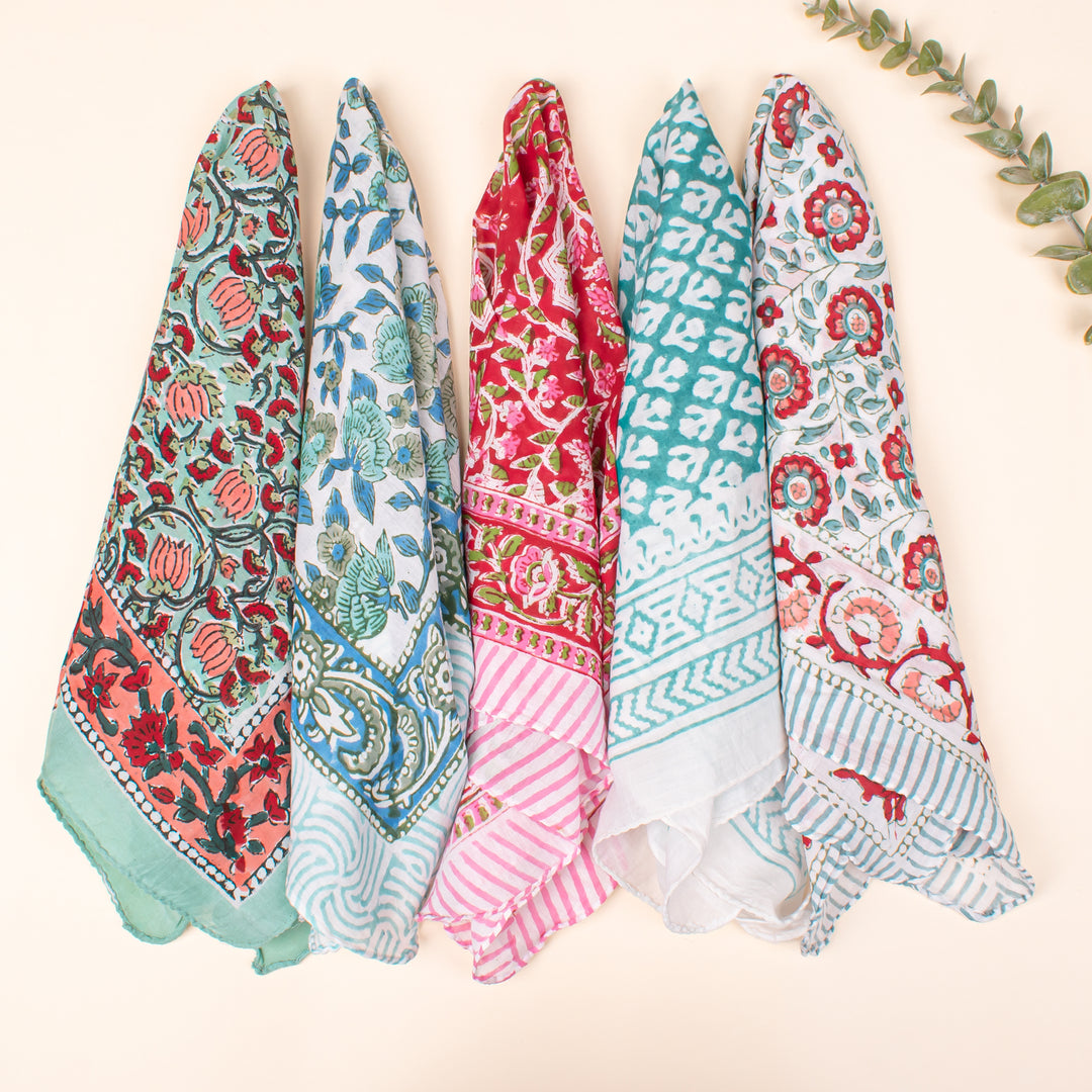 Set of 5 - Organic Cotton Bandana, Block Printed Neck & Hair Wrap, Lightweight Paisley Scarf, Unisex Eco-Friendly Gift