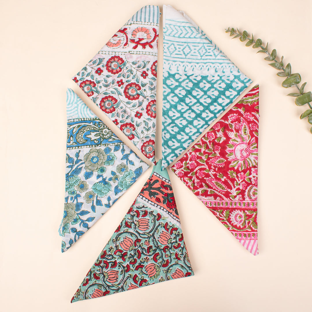 Set of 5 - Organic Cotton Bandana, Block Printed Neck & Hair Wrap, Lightweight Paisley Scarf, Unisex Eco-Friendly Gift