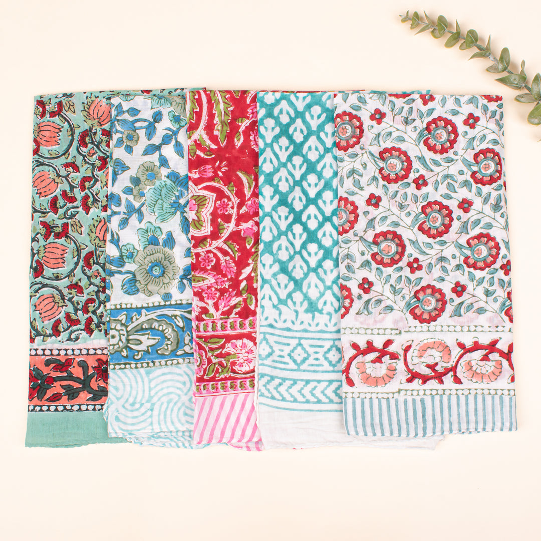 Set of 5 - Organic Cotton Bandana, Block Printed Neck & Hair Wrap, Lightweight Paisley Scarf, Unisex Eco-Friendly Gift