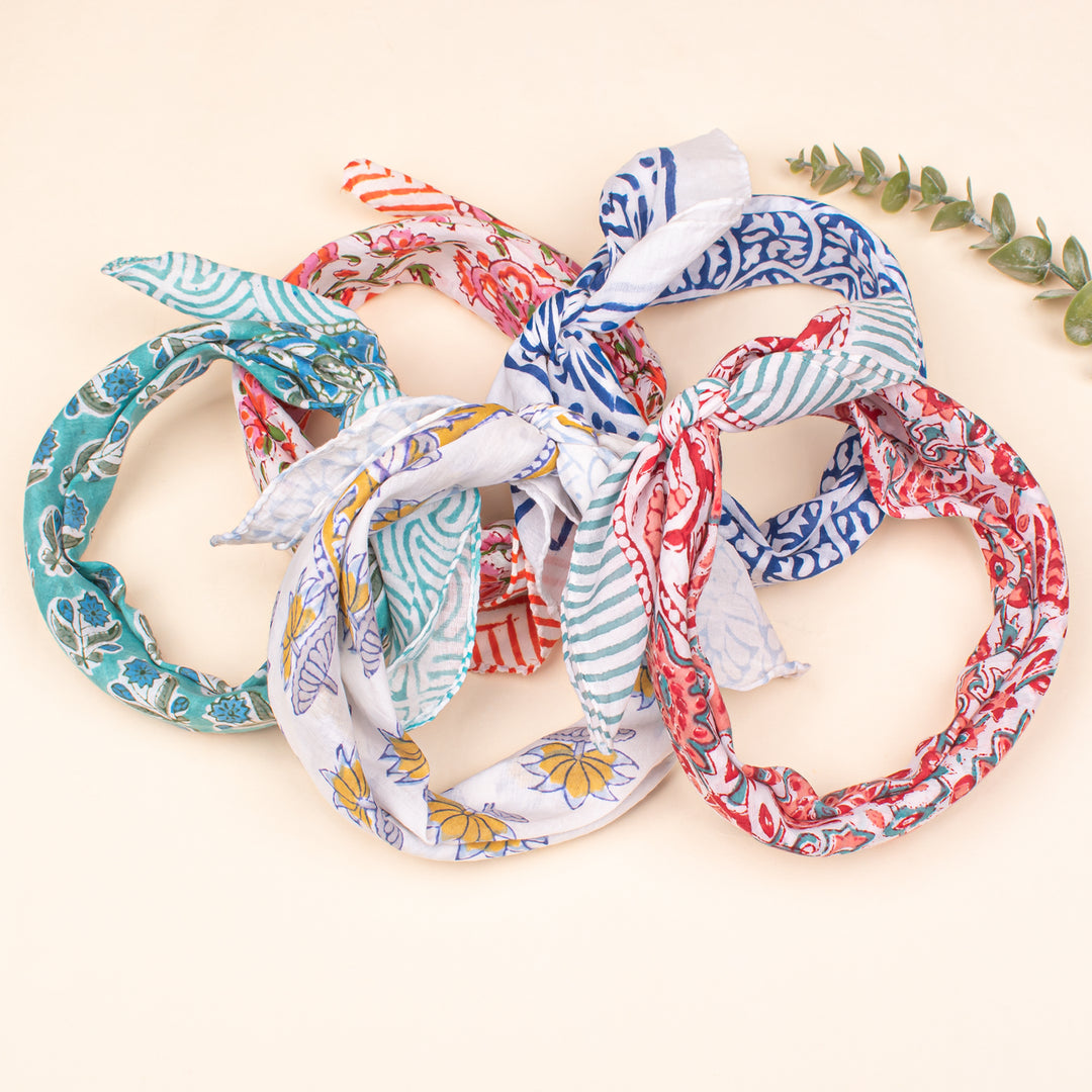 Set of 5 - Soft Cotton Block Print Bandana, Organic Paisley Headwrap, Lightweight Boho Style Summer Accessory, Men & Women Eco-Friendly Gift