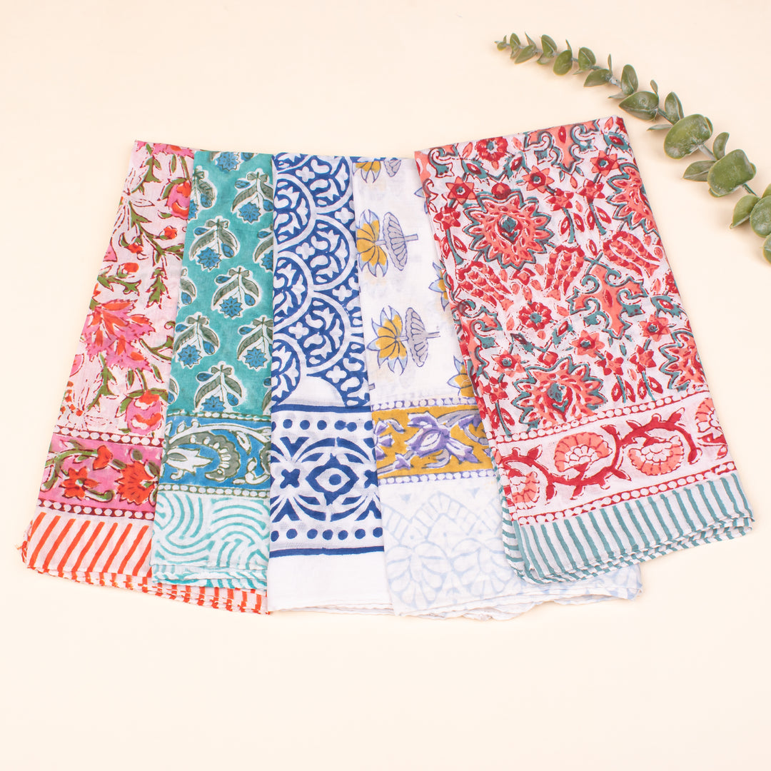 Set of 5 - Soft Cotton Block Print Bandana, Organic Paisley Headwrap, Lightweight Boho Style Summer Accessory, Men & Women Eco-Friendly Gift