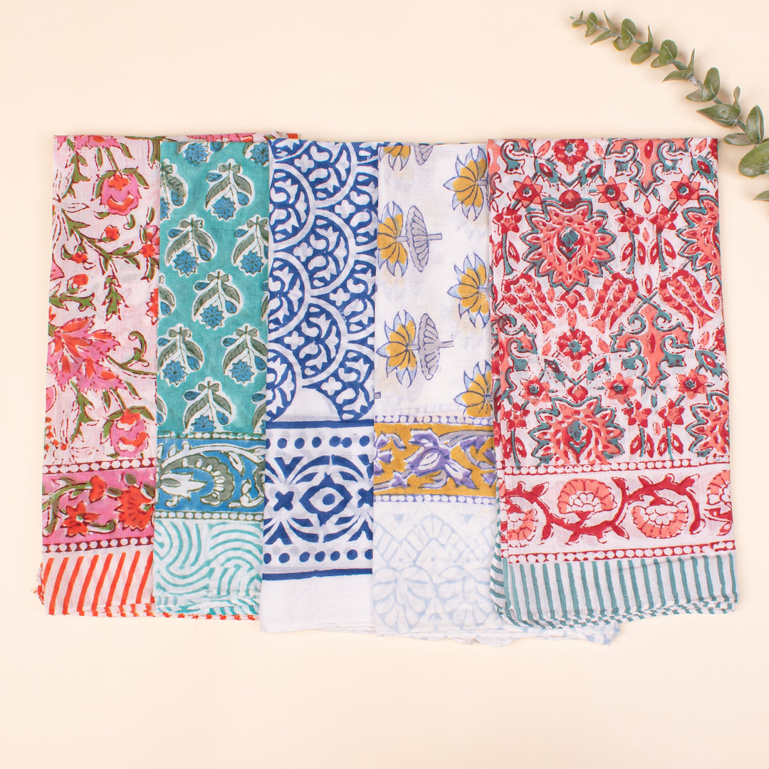 Set of 5 - Soft Cotton Block Print Bandana, Organic Paisley Headwrap, Lightweight Boho Style Summer Accessory, Men & Women Eco-Friendly Gift