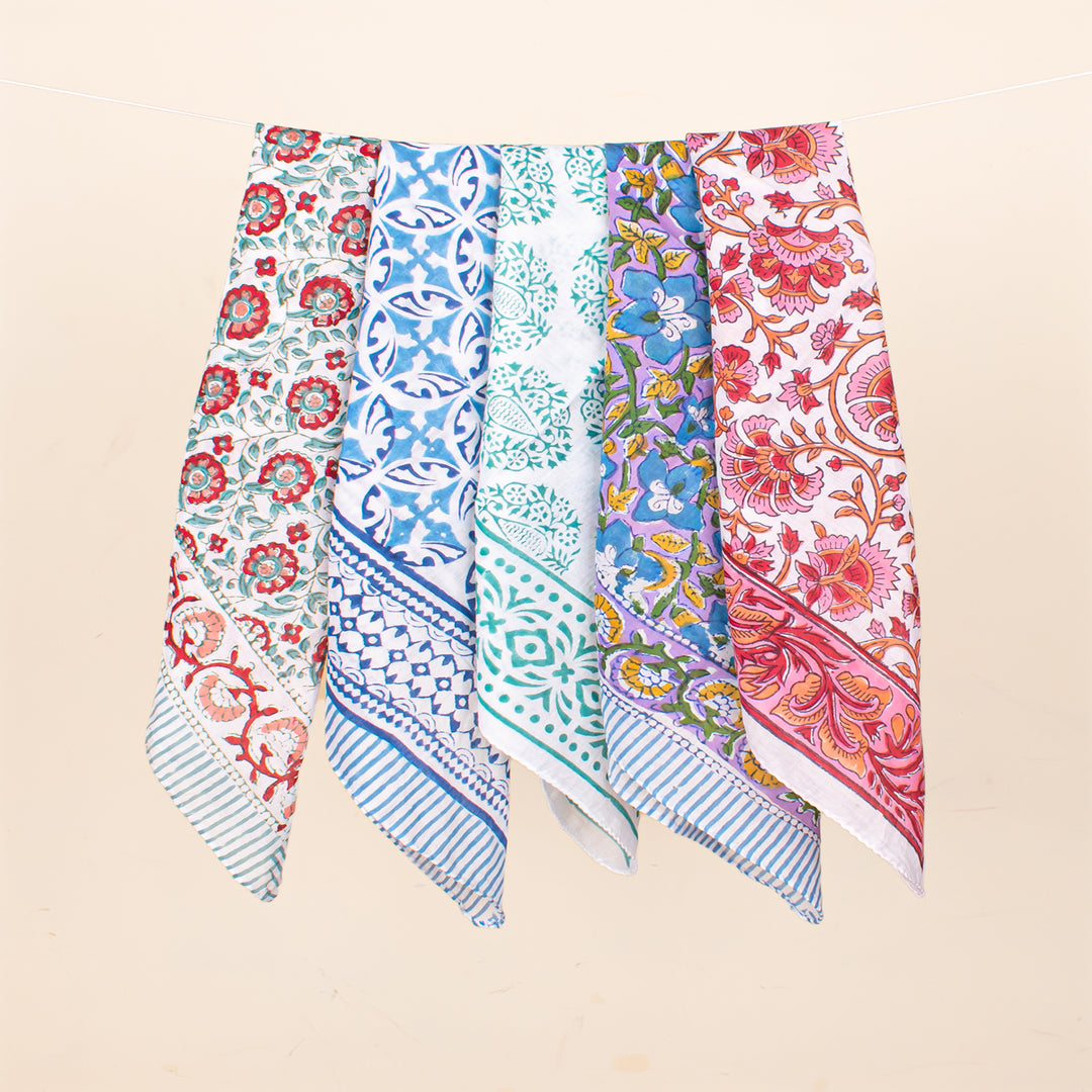 Set of 5 - Soft Organic Fabric Wrap For Summer, Hand Block Printed Bandana, Ideal Unisex Gift, Accessory For Pets & Bikers