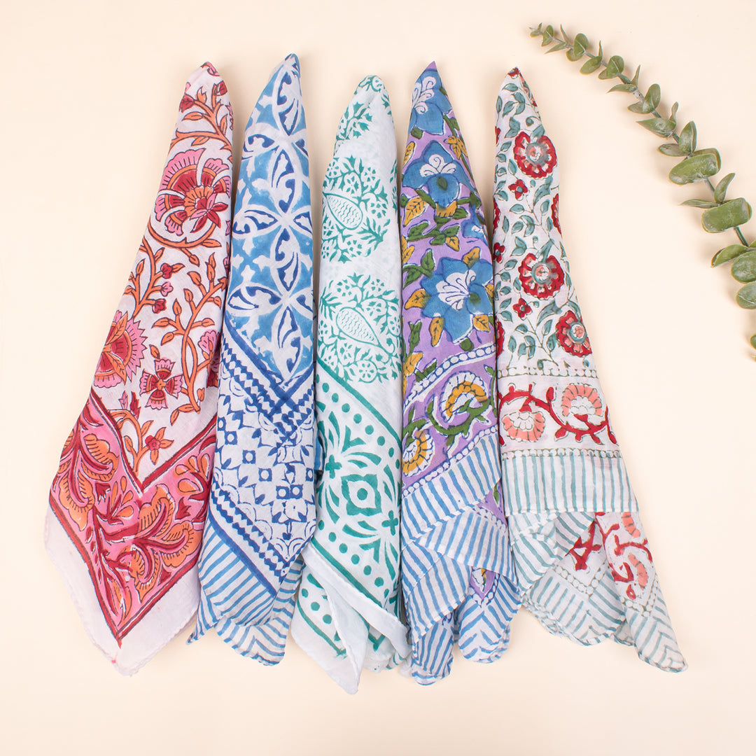 Set of 5 - Soft Organic Fabric Wrap For Summer, Hand Block Printed Bandana, Ideal Unisex Gift, Accessory For Pets & Bikers