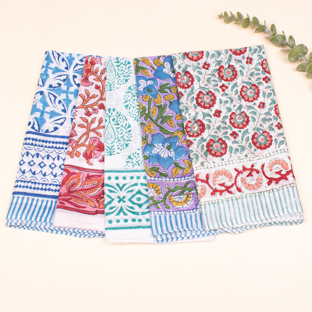 Set of 5 - Soft Organic Fabric Wrap For Summer, Hand Block Printed Bandana, Ideal Unisex Gift, Accessory For Pets & Bikers