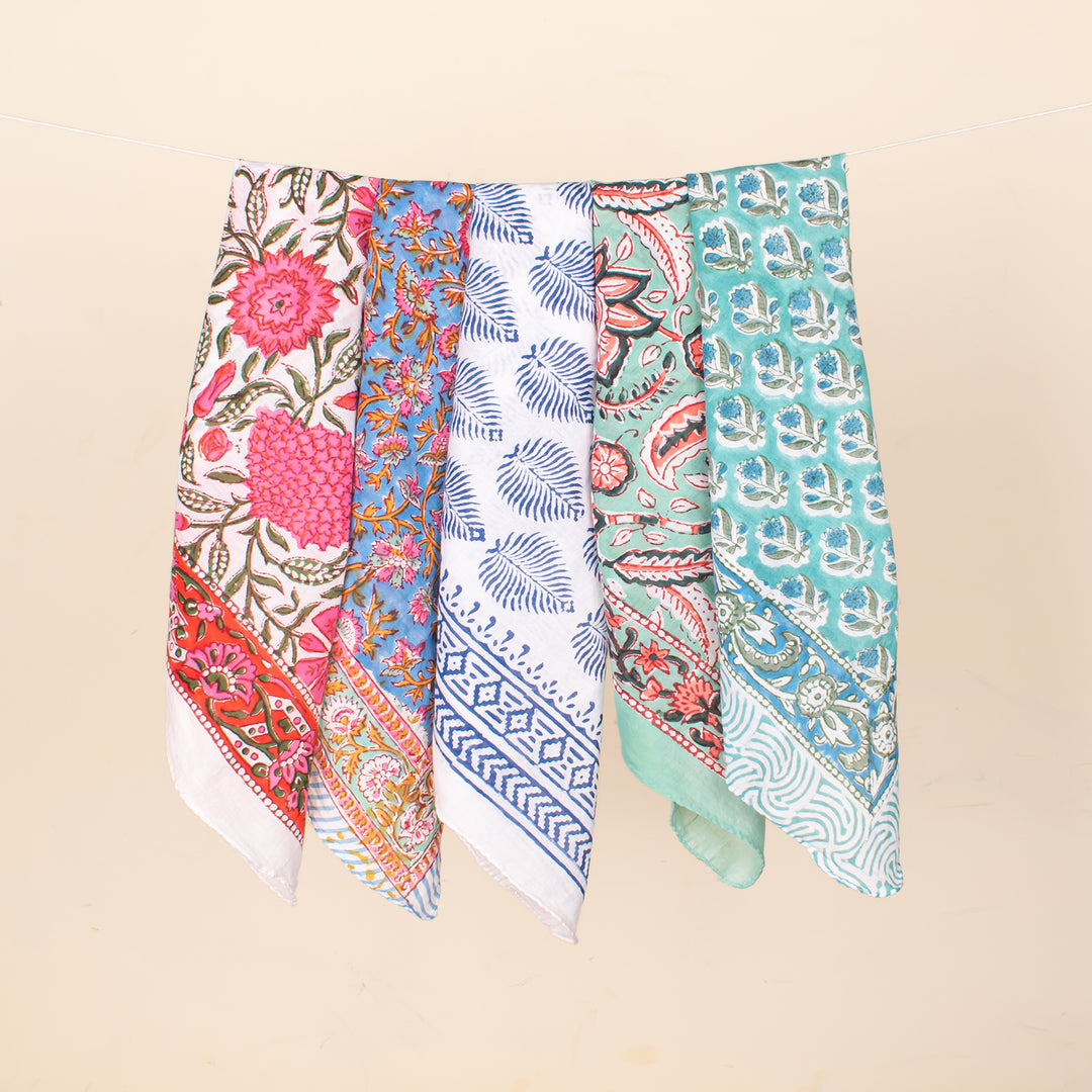 Set of 5 - Lightweight Handcrafted Cotton Bandana, Block Printed Headwrap For Women Or Men, Stylish Summer Gift