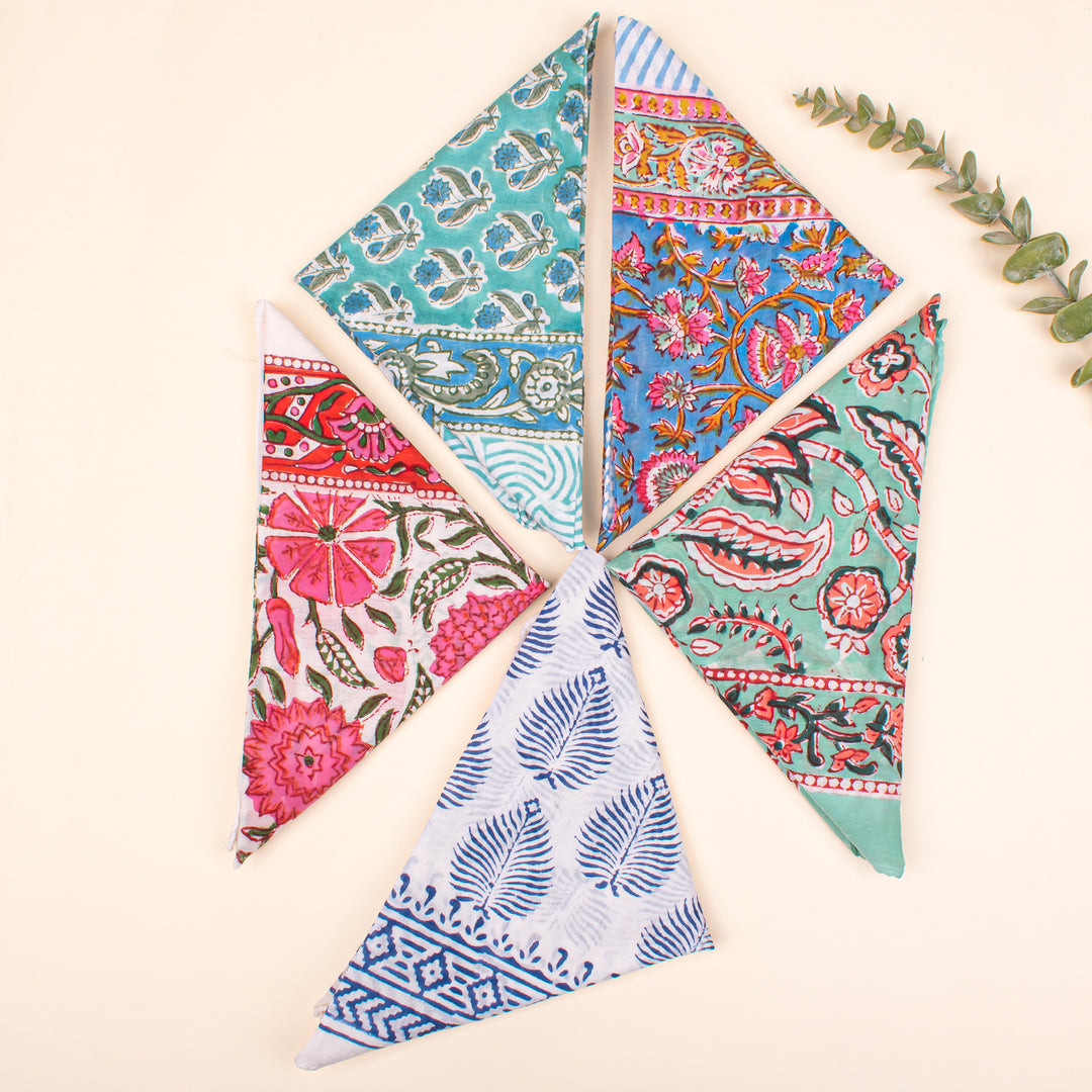 Set of 5 - Lightweight Handcrafted Cotton Bandana, Block Printed Headwrap For Women Or Men, Stylish Summer Gift