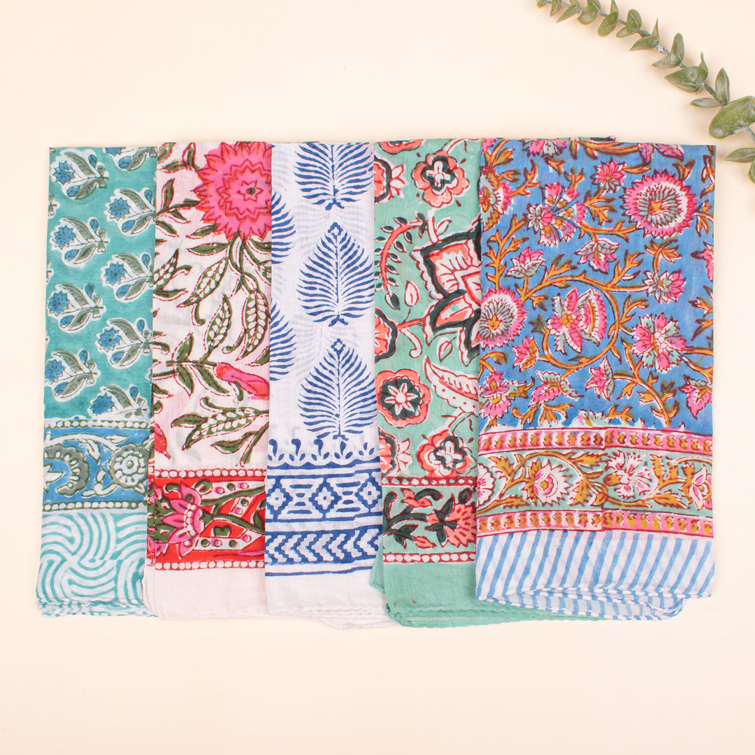 Set of 5 - Lightweight Handcrafted Cotton Bandana, Block Printed Headwrap For Women Or Men, Stylish Summer Gift