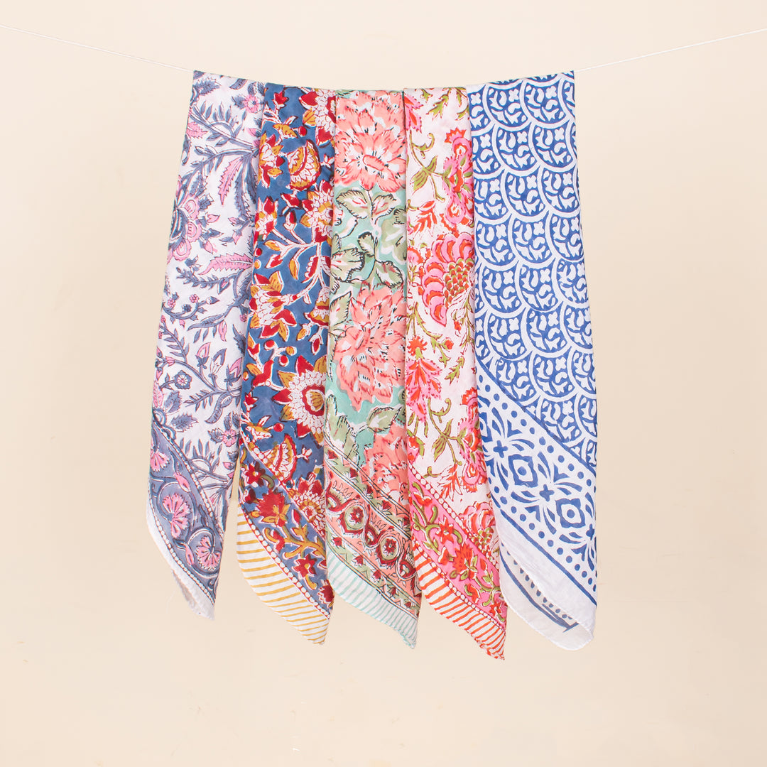 Set of 5 - Cotton Bandanas, Neck & Wrist Scarf, Unisex Vintage Style Bandanas, Hand block Printed Head Wrap, Festival & Outdoor Accessory