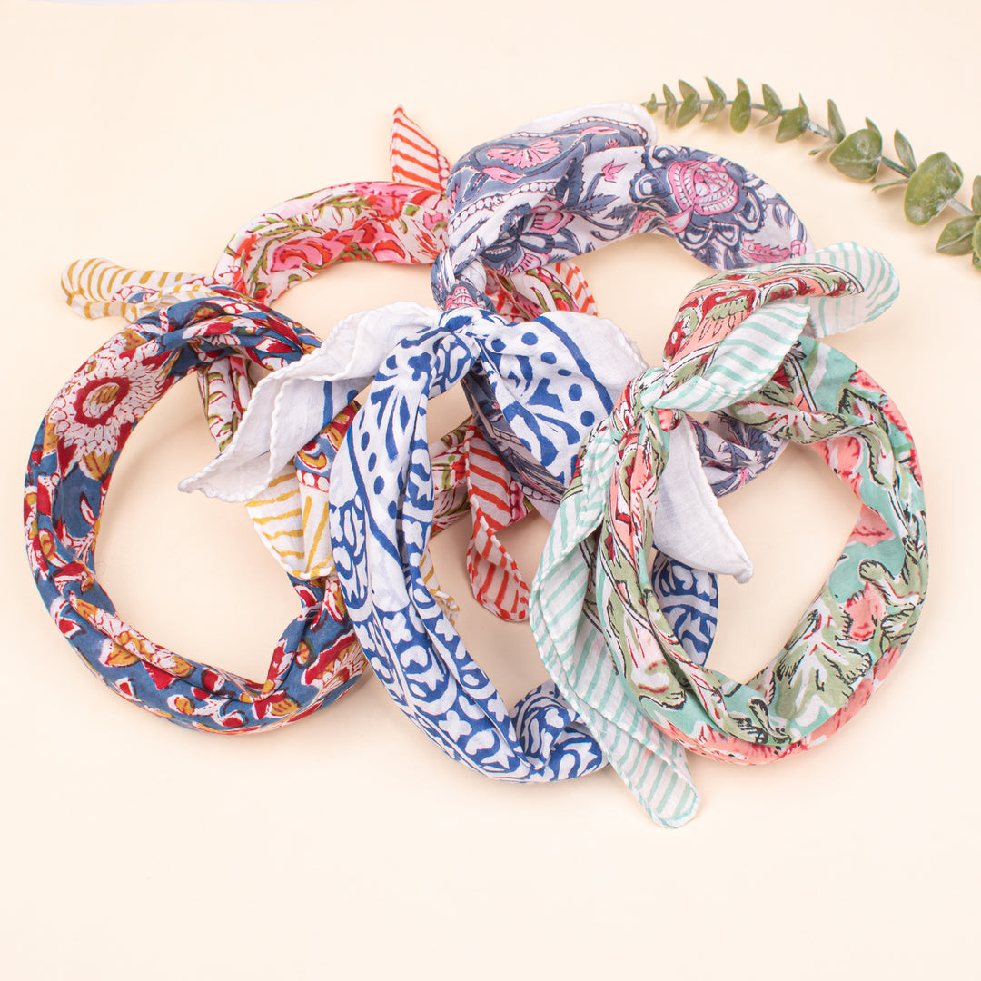 Set of 5 - Cotton Bandanas, Neck & Wrist Scarf, Unisex Vintage Style Bandanas, Hand block Printed Head Wrap, Festival & Outdoor Accessory
