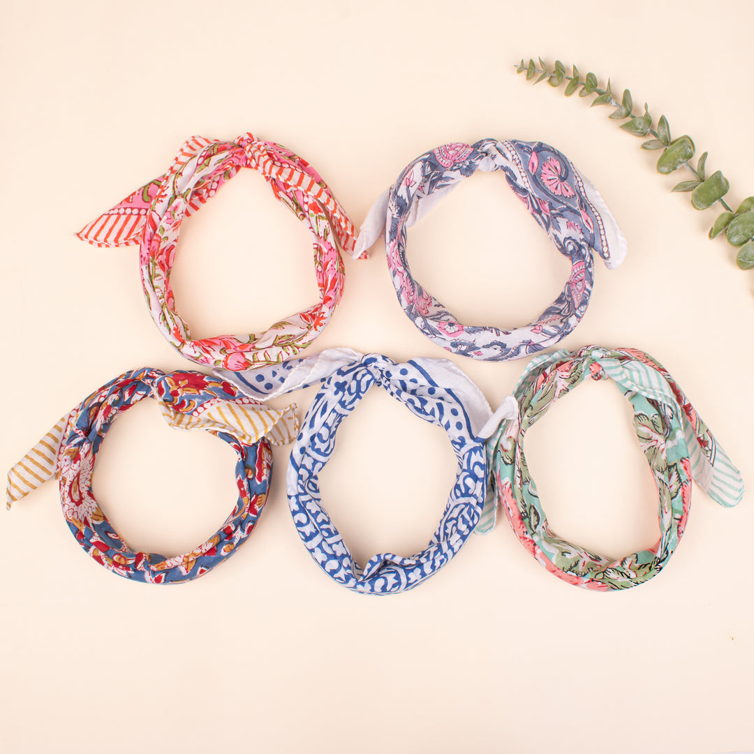 Set of 5 - Cotton Bandanas, Neck & Wrist Scarf, Unisex Vintage Style Bandanas, Hand block Printed Head Wrap, Festival & Outdoor Accessory