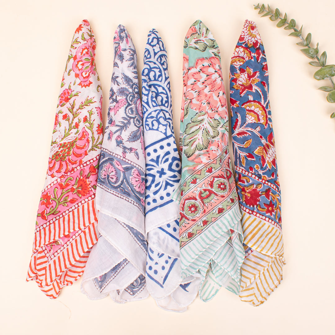 Set of 5 - Cotton Bandanas, Neck & Wrist Scarf, Unisex Vintage Style Bandanas, Hand block Printed Head Wrap, Festival & Outdoor Accessory