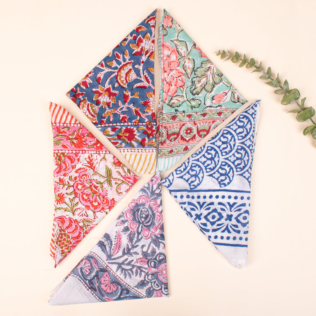 Set of 5 - Cotton Bandanas, Neck & Wrist Scarf, Unisex Vintage Style Bandanas, Hand block Printed Head Wrap, Festival & Outdoor Accessory