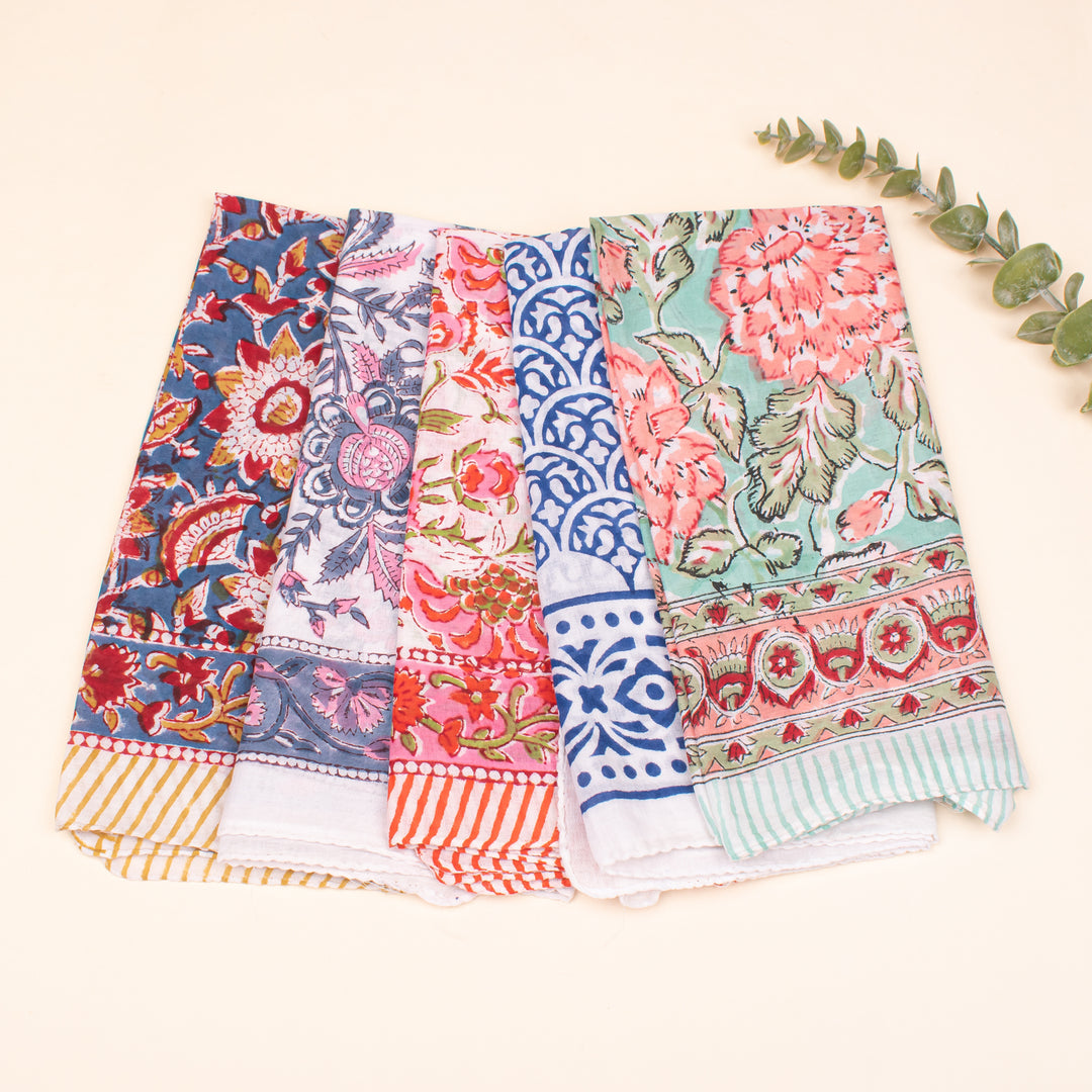 Set of 5 - Cotton Bandanas, Neck & Wrist Scarf, Unisex Vintage Style Bandanas, Hand block Printed Head Wrap, Festival & Outdoor Accessory