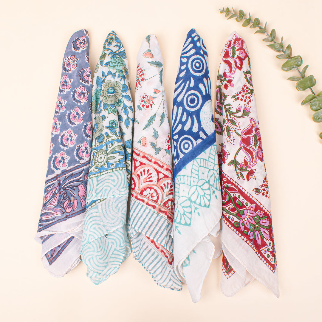 Pack of 5 Pure Cotton Hand block Printed Bandana, Neck Or Wrist Tie For Men & Women, Eco-Friendly Head Scarf, Soft Fabric Bandana