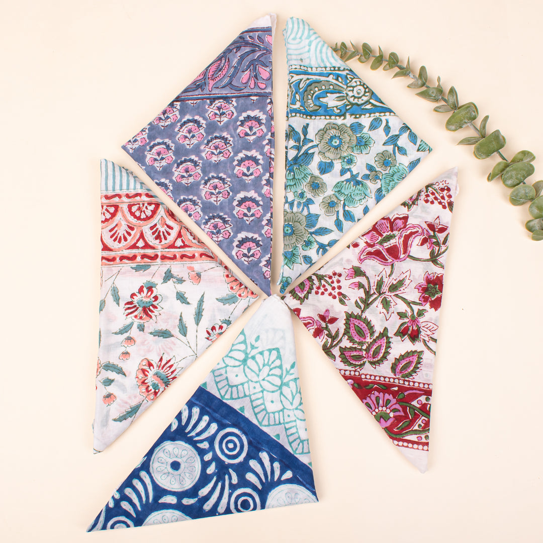 Pack of 5 Pure Cotton Hand block Printed Bandana, Neck Or Wrist Tie For Men & Women, Eco-Friendly Head Scarf, Soft Fabric Bandana