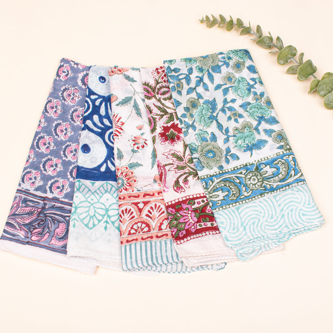 Pack of 5 Pure Cotton Hand block Printed Bandana, Neck Or Wrist Tie For Men & Women, Eco-Friendly Head Scarf, Soft Fabric Bandana