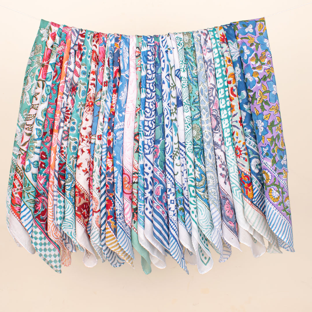 Set of 80 - Soft Handmade Cotton Bandana, Lightweight Scarf, Organic Block Printed Wrap, Sustainable Unisex Fashion Gift For All