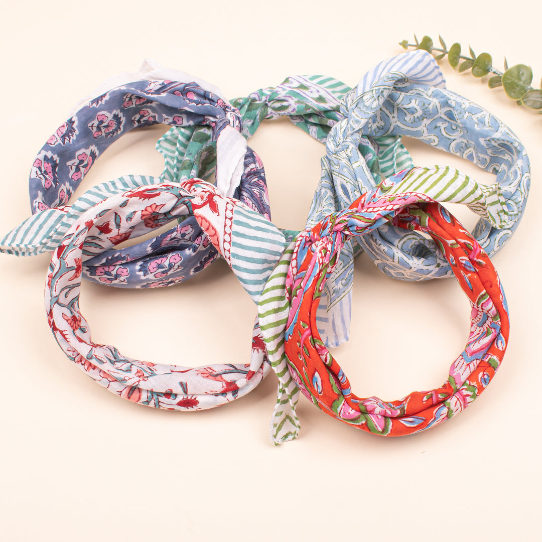 Set of 80 - Soft Handmade Cotton Bandana, Lightweight Scarf, Organic Block Printed Wrap, Sustainable Unisex Fashion Gift For All