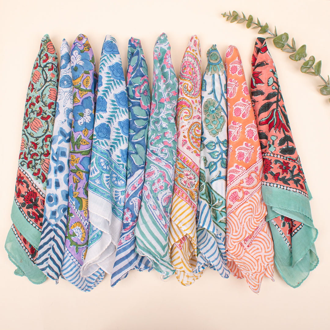 Set of 80 - Soft Handmade Cotton Bandana, Lightweight Scarf, Organic Block Printed Wrap, Sustainable Unisex Fashion Gift For All