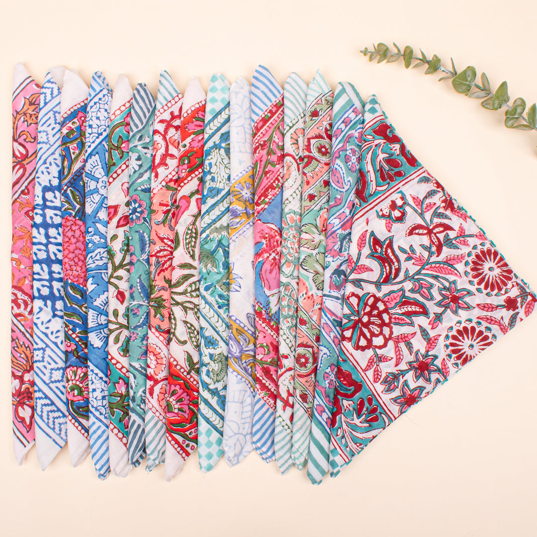 Set of 80 - Soft Handmade Cotton Bandana, Lightweight Scarf, Organic Block Printed Wrap, Sustainable Unisex Fashion Gift For All