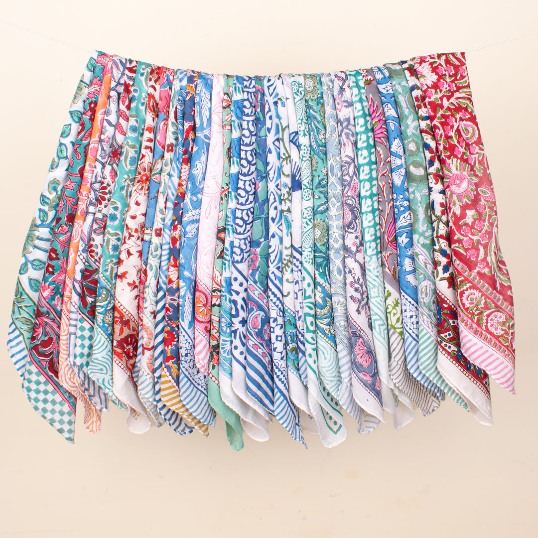Set of 75 - Cotton Bandana, Hand Block Printed Floral Wrap, Lightweight Accessory For Pet & Bikers, Sustainable Artisan Gift Accessory