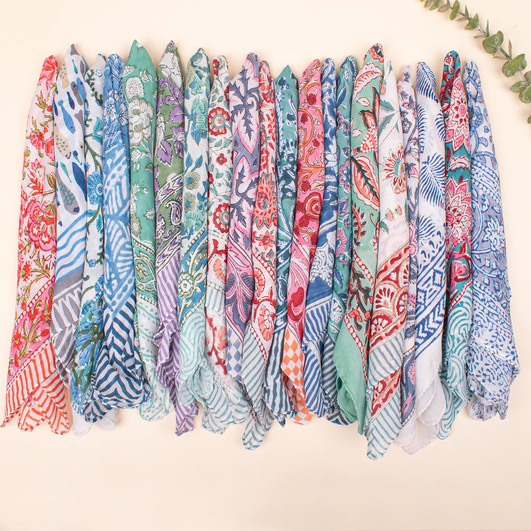 Set of 75 - Cotton Bandana, Hand Block Printed Floral Wrap, Lightweight Accessory For Pet & Bikers, Sustainable Artisan Gift Accessory