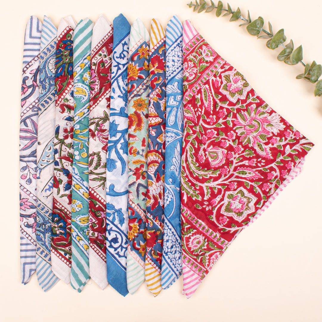 Set of 75 - Cotton Bandana, Hand Block Printed Floral Wrap, Lightweight Accessory For Pet & Bikers, Sustainable Artisan Gift Accessory