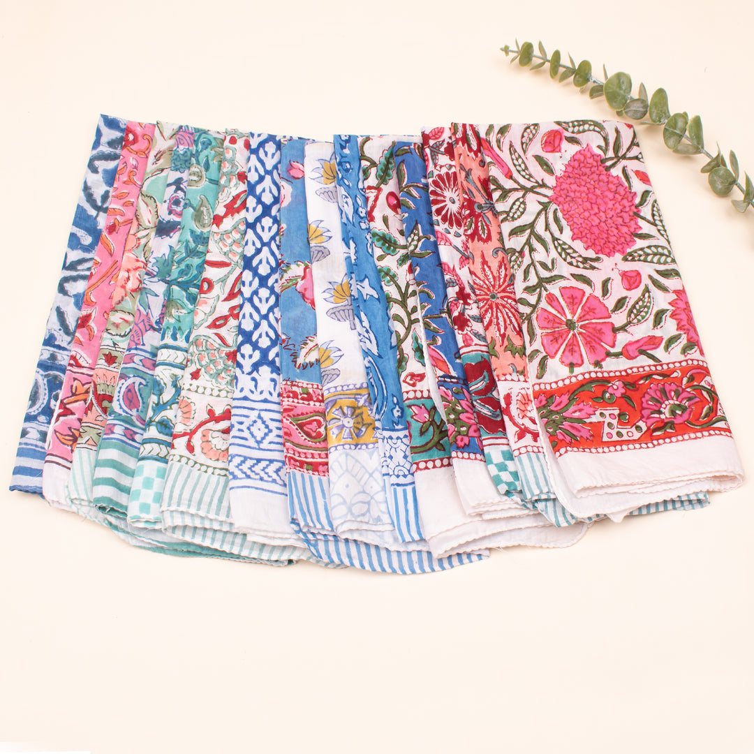 Set of 75 - Cotton Bandana, Hand Block Printed Floral Wrap, Lightweight Accessory For Pet & Bikers, Sustainable Artisan Gift Accessory