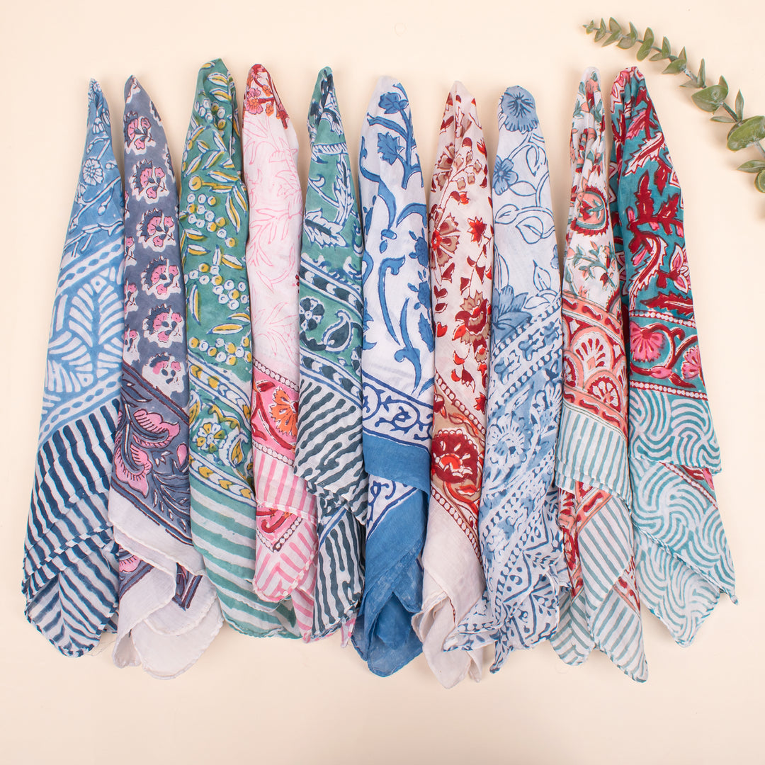 Set of 55 - Organic Block Printed Scarf, Eco-Friendly Gift, Boho Cotton Bandana, Handmade Wrap, Unisex Bandanas