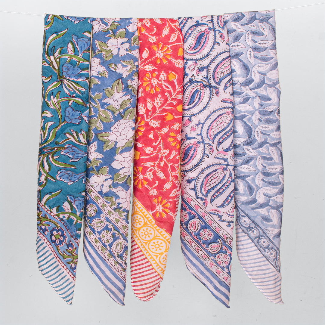 Pure Cotton Hand block Printed Bandana, Neck Or Wrist Tie For Men & Women, Eco-Friendly Head Scarf, Soft Fabric Bandana - 5pcs