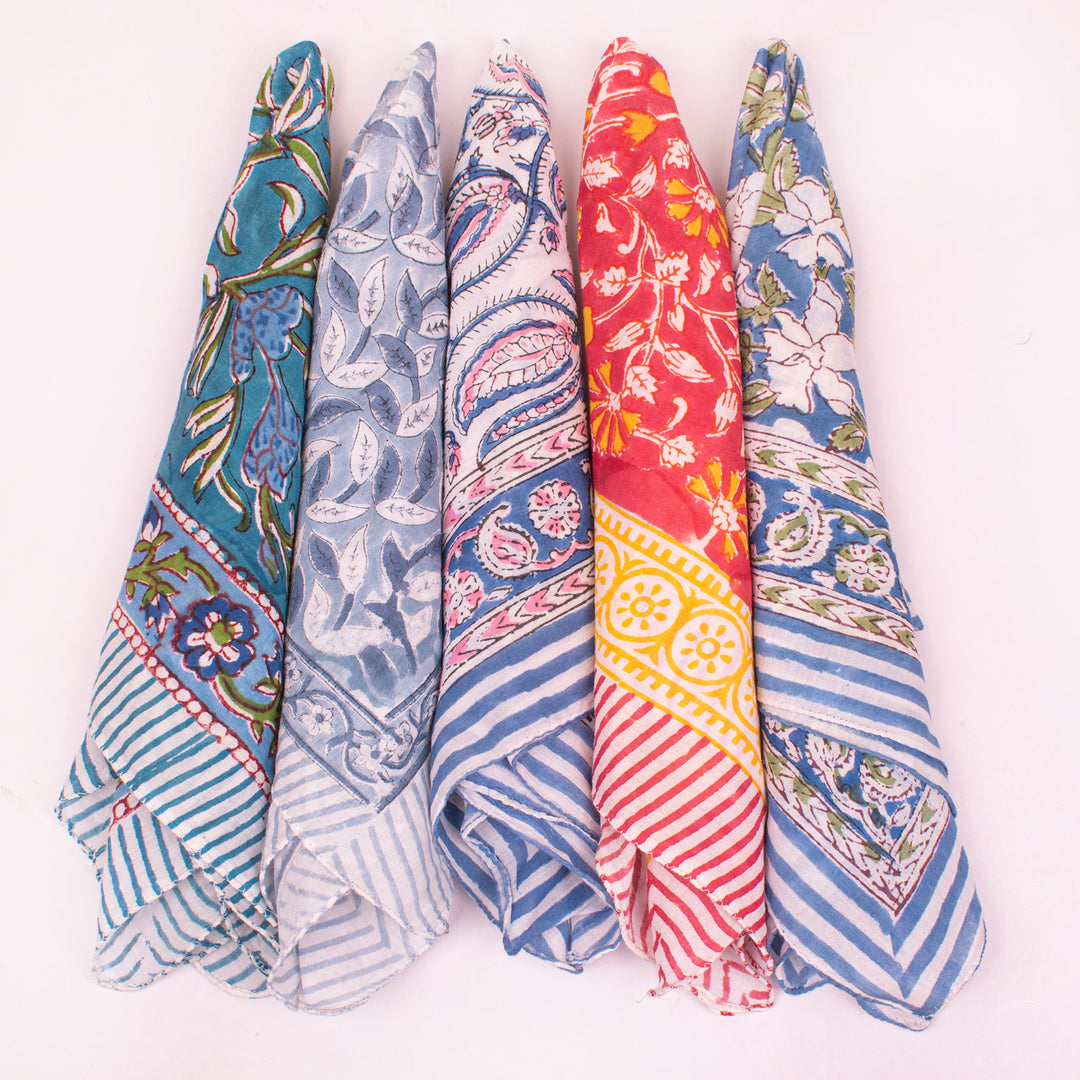 Pure Cotton Hand block Printed Bandana, Neck Or Wrist Tie For Men & Women, Eco-Friendly Head Scarf, Soft Fabric Bandana - 5pcs